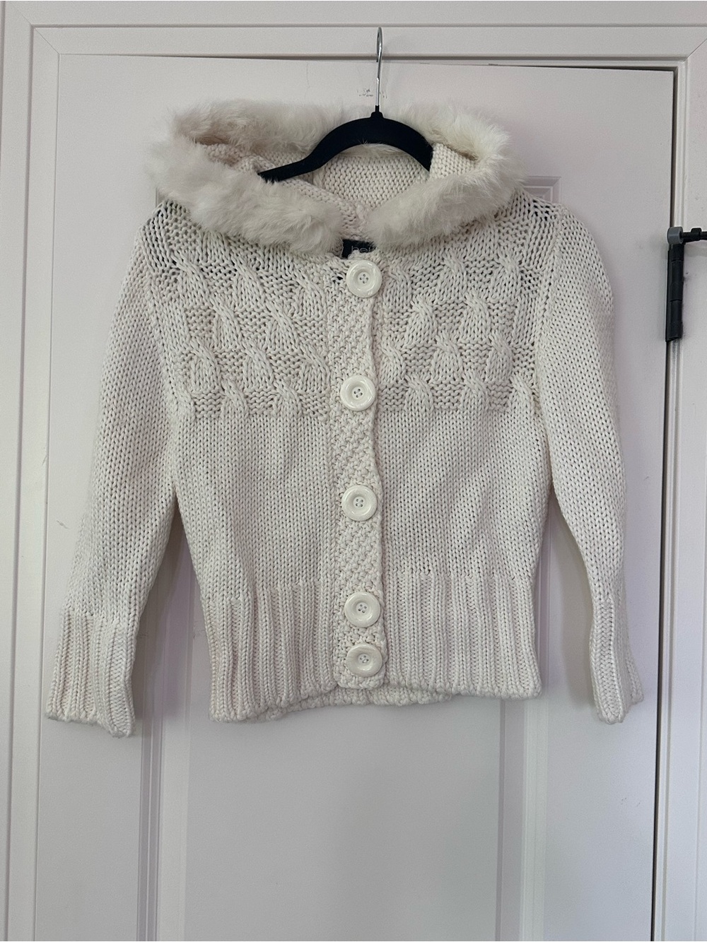 bebe Cream Faux-Fur Trim Knit Cardigan Sweater